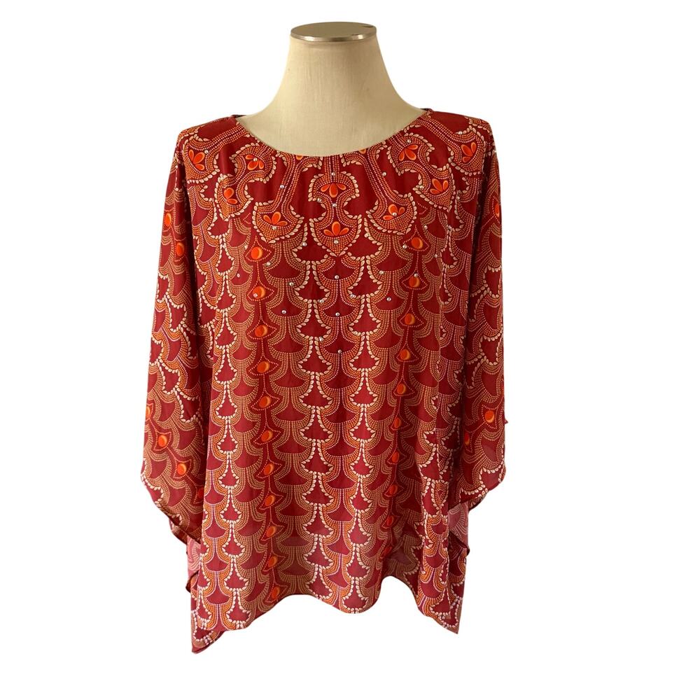 Bob Mackie Red Orange Sequin Flowy Blouse Plus Size 1X Artsy Art to Wear